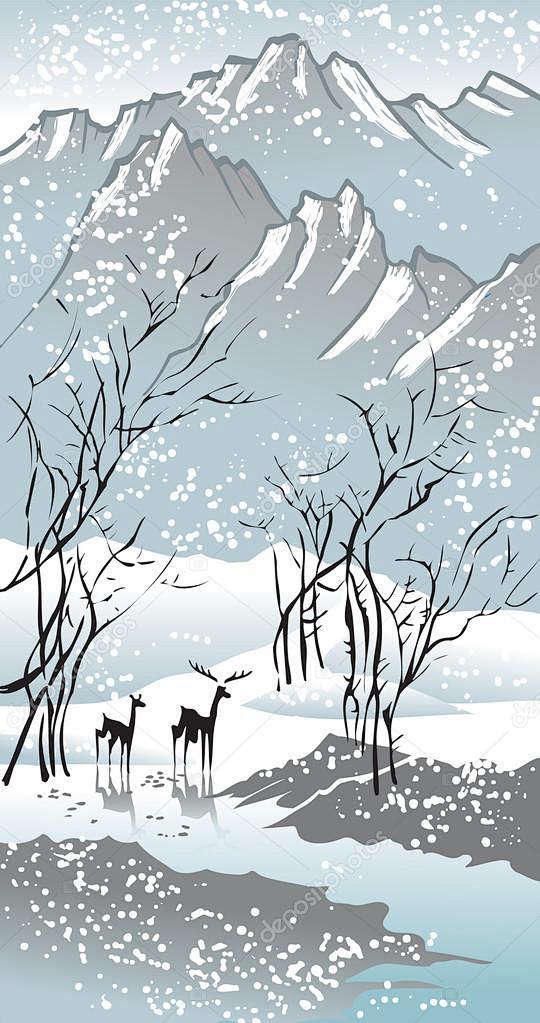四个季节： 冬天，手绘图片在中国传统绘画...