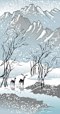 四个季节： 冬天，手绘图片在中国传统绘画风格，矢量图