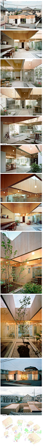 Table Hat 咖啡厅 by Hiroyuki Shinozaki Architects 
这座小咖啡屋名为Table Hat，位于日本神奈川小田原市一条安静的居住区街道。建筑不大，只有49.51平米，但内部却不显狭窄，通过玻璃的内置隔墙和天井的设置使得室内空间通透明亮。建筑的木质屋顶很有特色，其大小不一的体量对应着不同的内部空间，使得每个空间有着不同的空间感受。