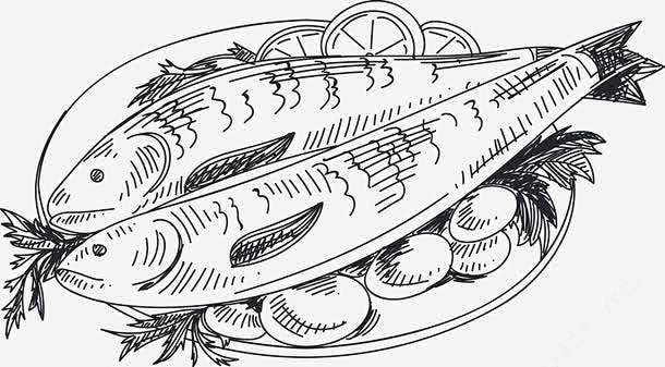 手绘盘装鱼类海鲜线稿免抠png素材_新图...