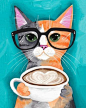 A Latte of Love Calico Whimsical Cat Folk Art Giclee Print 8x10, 11x14 by KilkennyCat Art, $17.92 USD