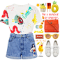 A fashion look from July 2017 featuring colorful t shirts, embroidered denim shorts and Big Mouth. Browse and shop related looks.