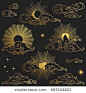 Sun and moon in the sky. Collection of decorative graphic design elements in oriental style. Vector hand drawn illustration