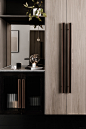 A tasteful shelving area with an accompanying cupboard bathroom accessory, furniture, interior design, light fixture, product design, gray, black