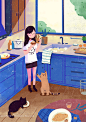 厨房早餐小猫咪场景插画手绘