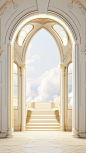 an arched door with light and shadows, in the style of light white and light gold, octane render, metropolis meets nature, neoclassicist, multilayered dimensions, wallpaper, columns and totems
