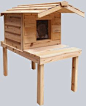 Small Insulated Cedar Cat House With Raised Lounging Deck.  Cedar is the wood of choice for long outdoor use and will last a lifetime. All of our houses are insulated with a Thermal-Ply insulation that is placed inside the floor, walls and ceiling that no