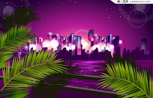 紫色调都市夜景矢量素材