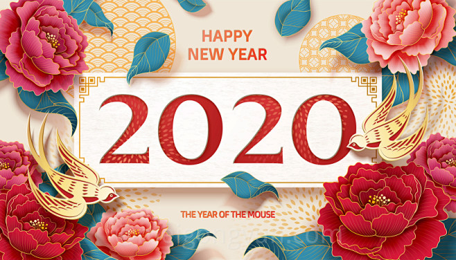 春节新年韩式2020年燕子牡丹花海报模板...