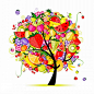 彩色创意水果树矢量素材，素材格式：EPS，素材关键词：葡萄,蔬菜,南瓜,水果,草莓,植物,西瓜,茄子,彩色,萝卜,水果树,橙,果蔬