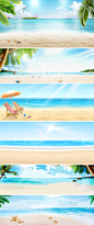 蓝色夏季夏日海滩沙滩冰爽海报banner背景素材