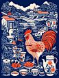 18张图形环绕排版的公鸡版画，经典红蓝CP
