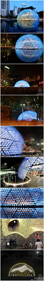 香港灯笼凉亭。建筑周身为半球状，其上装满了回收的塑料瓶和LED灯，现为香港著名的一大城市景观。设计灵感来自中秋节在维多利亚公园中的照明穹顶——“初升的月亮”。塑料LED把安装在预置的三角模块上，内部配有2300多个挂瓶，形成“海浪”状。http://t.cn/zRUlveO