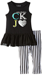 Calvin Klein Girls 2-6X Logo Peplum Set with Stripe Leggings, Black/White, 5