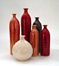 Six minimalist wheel thrown pottery bottles, Honey gold Orange Red Bl…