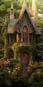 A whimsical, fairy-tale-like house hidden in a magical forest. The house, decorated with bright flowers and slender vines, merges beautifully with the rich greenery around it. The design combines natural components with mystical craftsmanship, showing smo