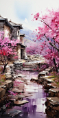 Please create a colorful ink painting of ancient Chinese style, the courtyard is full of charming spring flowers, blending into vibrant purple and red tones, fluttering some pink peach blossom petals, the petals fall into an old well, the background is di