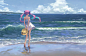 Anime 2400x1557 anime girls dress wind waves beach barefoot sun dress twintails violet hair Gawain Minato Aqua Hololive Virtual Youtuber boat sea hat ribbons