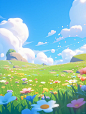 3D illustration of a cute grassland with many flowers, a blue sky and white clouds, a green meadow in spring, a cartoon game scene with a simple background, soft gradient colors and soft light, bright colors and high quality, in the style of artstation. -