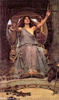 喀耳刻把酒杯给尤利西斯 - circe offering the cup to ulysses
《瑟茜向奥德修斯敬酒》
Artist: John William Waterhouse
Painting Date: 1891
《奥德赛》记载：奥德修斯的船来到艾尤岛——女神瑟茜的居所，她的房子建在浓密的森林中，周围有很多狮子和狼。这些野兽原本是人，都是被瑟茜施了巫术。船员受到了瑟茜的盛宴款待，但凡是喝了她的酒的人就会变成猪。只有奥德修斯的副手