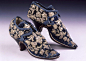 Blue velvet latchet tie shoes, c 1660, reputedly worn by Lady Mary Stanhope to court of Charles II. From The Shoe Collection,Northampton Museums & Art Gallery.