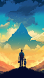Father's Day poster design, child on father's shoulder, standing in the mountains, clean colors, clouds are the shape of notes, warm, gradient, imaginary, delicate, C4D, Pixar