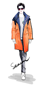 杨洋icon 身着Dior迪奥 Homme 橙色长款大衣搭配海蓝色拼橙色双肩包现身北京机场，启程出发巴黎，参加Dior Homme 2016秋冬男装大秀。#杨洋巴黎男装周##插画##明星##走秀##影视#