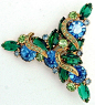 Vintage Juliana DeLizza and Elster Brooch Large Blue and Green Rhinestones & Crescent Icing
