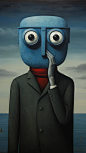 man with big blue head, binoculars