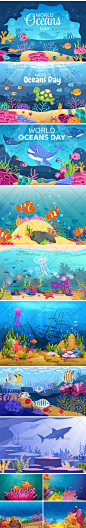 梦幻海洋深海水下海底世界动物鱼群水母景观插画背景AI设计素材-淘宝网