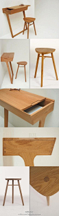 英国家具设计师Phil Procter设计的一款叫做“Quello”的橡木靠墙桌，以相互连接的双腿支撑地面，并设有一个由水平方向打开的储物空间，以便在不影响桌面物品摆放的情况下收纳或取出存放物品。还可以搭配一款同系列的三脚凳，作为写字桌使用，或者单独摆放在前厅或走廊作为临时便桌。
