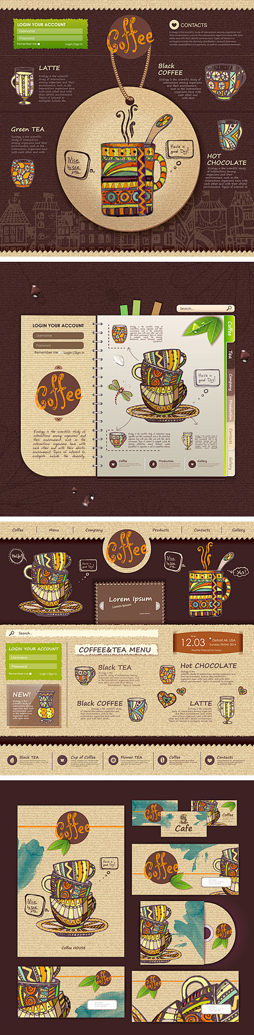 咖啡网站设计 咖啡企业相关产品设计矢量素...