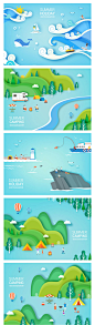 3D立体卡纸卡通夏季海边掉鱼轮船户外旅游度假插图EPS矢量素材