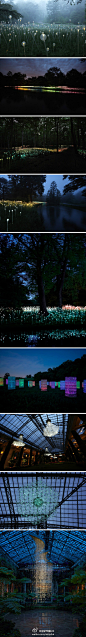 Light at Longwood Gardens 长木花园23亩夺心幻光仙境／光林是遍布在森林中的20000多照明球。水塔是放在草坪上的69个水瓶光柱。莲则是浮在大型湖面上的CD盘组成的莲叶。此外还有流淌在山坡上的蜿蜒光带，以及树屋中被镜子反射而变得更亮的光线。http://t.cn/zWh7dVi



