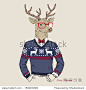 Hand Drawn Vector Illustration of Deer Hipster in Jacquard Sweater, Merry Christmas Card 正版图片在线交易平台 - 海洛创意（HelloRF） - 站酷旗下品牌 - Shutterstock中国独家合作伙伴