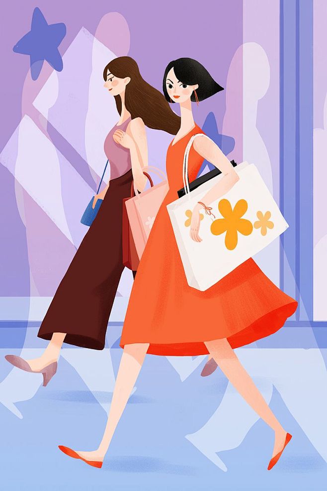 商业街三八妇女节白领购物海购场景插画
