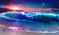 General 1486x897 artwork sunset clouds waves sky beach cyan neon stars