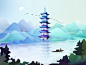 古塔扁舟 The pagoda and small boat building illustration character