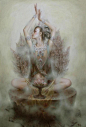油画作品《飞天》
由于他周身散发香气，又叫香间神，紧那罗是印度古梵文的音译，意译为天乐神。乾闼婆和紧那罗原来是印度古神话和婆罗门教中的娱乐神和歌舞神。

