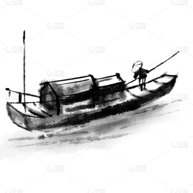 手绘-中国风水墨风装饰贴纸-船