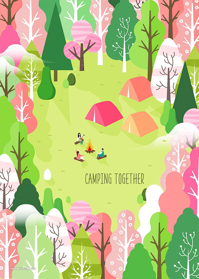 森林树林风景帐篷吉他音乐插图插画