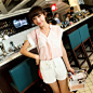 52017夏装女2013韩版新款OL竖条口袋立领堆袖衬衫女甜美雪纺衫