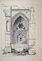 dating from the 13th and 14th century, Gothic doorway of the cathedral in Sées, Normandy, France - Architectural drawing c1870: 