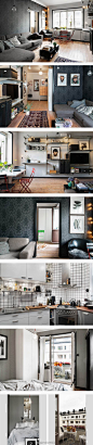 #我爱我家# 斯德哥尔摩44平米公寓，灰黑色调的空间内容丰富却不拥挤，几幅人像画让空间充满个性！