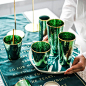 日式祖母绿锤目纹玻璃杯创意彩色水杯酒店红酒香槟杯餐厅装饰杯子-淘宝网