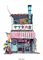 #手绘第二自然#波兰插画师、平面设计师Mateusz Urbanowicz旅居日本东京期间，用水彩画下的东京街头商铺。@手绘插画