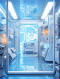 an abstract illustration of an electronic room with ionized water, in the style of hyper-realistic sci-fi, light blue and white, science academia, realistic color schemes, detailed miniatures, translucent color, industrial and product design