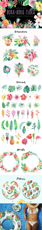 手绘水彩夏季热带植物花朵花环PNG免抠素材