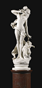 PIETRO BAZZANTI, 1842-1881. ITALIAN. PSYCHE WAKING THE SLEEPING CUPID - white marble, on a white marble base and a veined red marble column -  marble and base: 116cm.