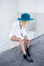 Love this look - turquoise hat , oversize boyfriend shirt , ankle boots - women's fashion